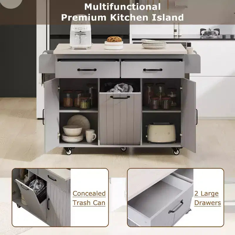Isola da Cucina con Mobile Contenitore per Pattumiera, Carrello da Cucina con Anta a Ribalta, Isola da Cucina su Ruote con Ripiano Regolabile e Cassetto
