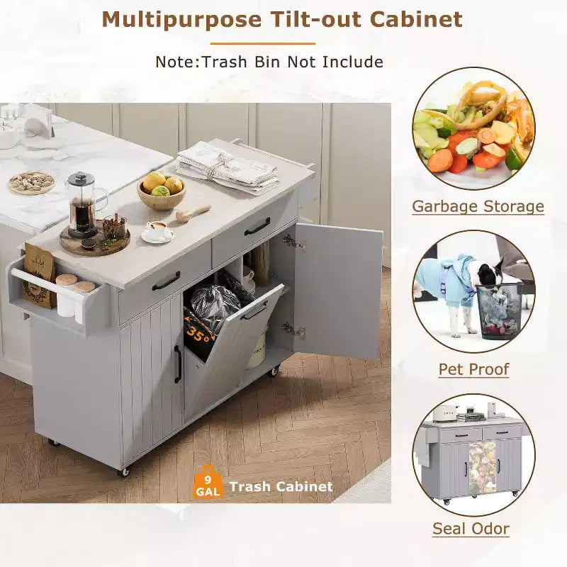 Isola da Cucina con Mobile Contenitore per Pattumiera, Carrello da Cucina con Anta a Ribalta, Isola da Cucina su Ruote con Ripiano Regolabile e Cassetto