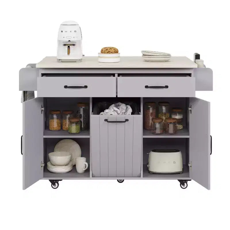 Isola da Cucina con Mobile Contenitore per Pattumiera, Carrello da Cucina con Anta a Ribalta, Isola da Cucina su Ruote con Ripiano Regolabile e Cassetto