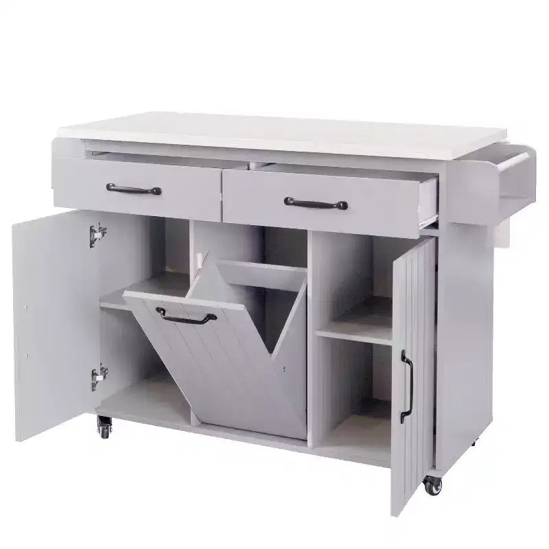 Isola da Cucina con Mobile Contenitore per Pattumiera, Carrello da Cucina con Anta a Ribalta, Isola da Cucina su Ruote con Ripiano Regolabile e Cassetto