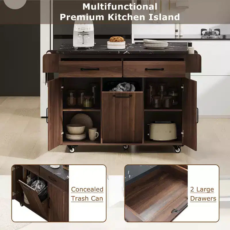 Isola da Cucina con Mobile Contenitore per Pattumiera, Carrello da Cucina con Anta a Ribalta, Isola da Cucina su Ruote con Ripiano Regolabile e Cassetto