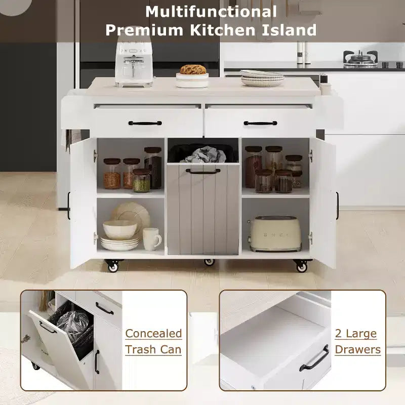 Isola da Cucina con Mobile Contenitore per Pattumiera, Carrello da Cucina con Anta a Ribalta, Isola da Cucina su Ruote con Ripiano Regolabile e Cassetto