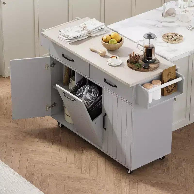 Isola da Cucina con Mobile Contenitore per Pattumiera, Carrello da Cucina con Anta a Ribalta, Isola da Cucina su Ruote con Ripiano Regolabile e Cassetto