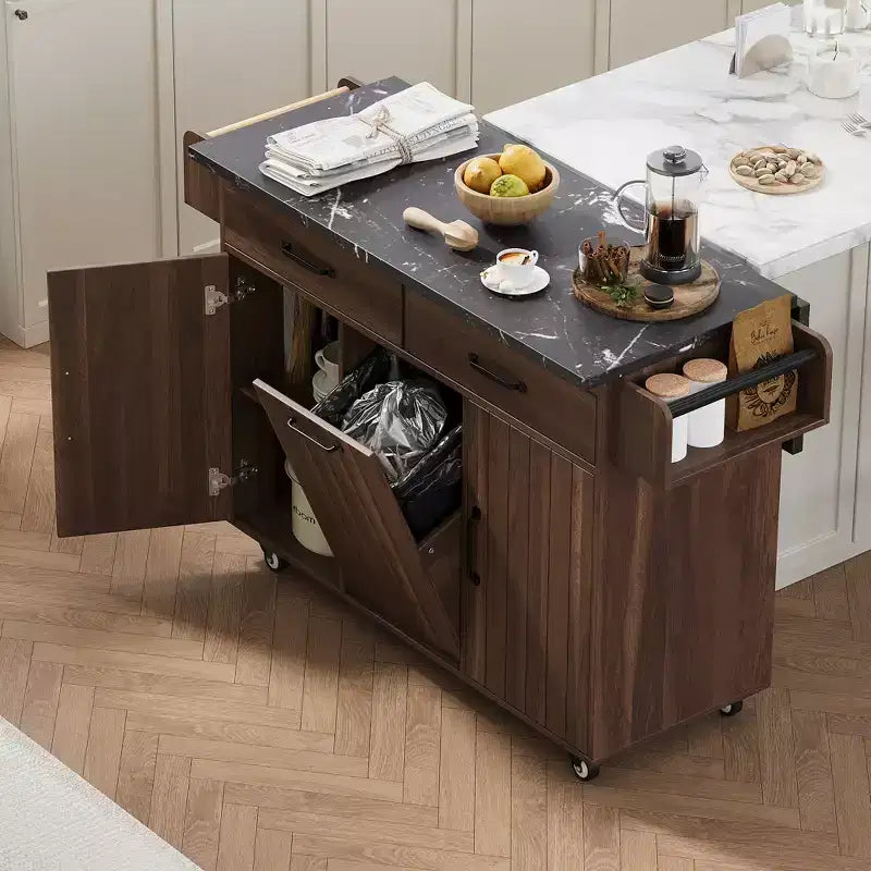 Isola da Cucina con Mobile Contenitore per Pattumiera, Carrello da Cucina con Anta a Ribalta, Isola da Cucina su Ruote con Ripiano Regolabile e Cassetto
