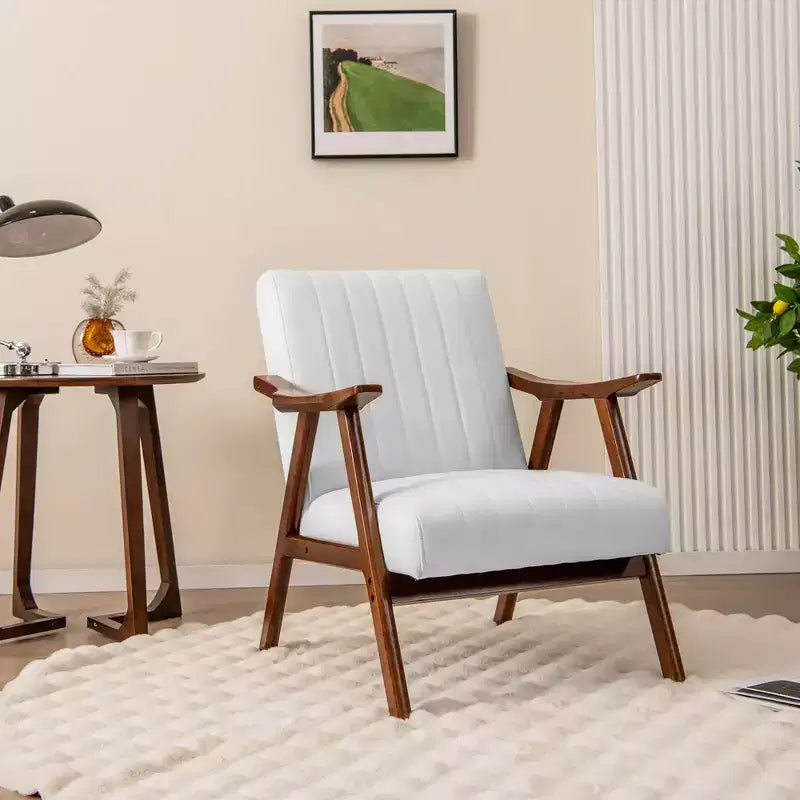 Costway Poltrona da Soggiorno in Tessuto Leathaire, Poltroncina Singola per Camera da Letto con Telaio in Legno di Gomma e Feltrini Antigraffio