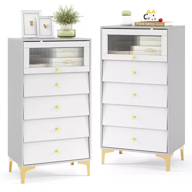 Costway 2 PCS 4 Drawer Dresser 44.5 Tall Dresser Chest of Drawers w/Flip-up Fluted Glass Door