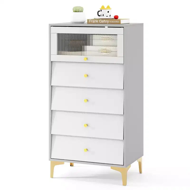 Cassettiera Costway a 2 Pezzi con 4 Cassetti, Comodino Verticale da 113 cm con Anta a Ribalta in Vetro Scanalato