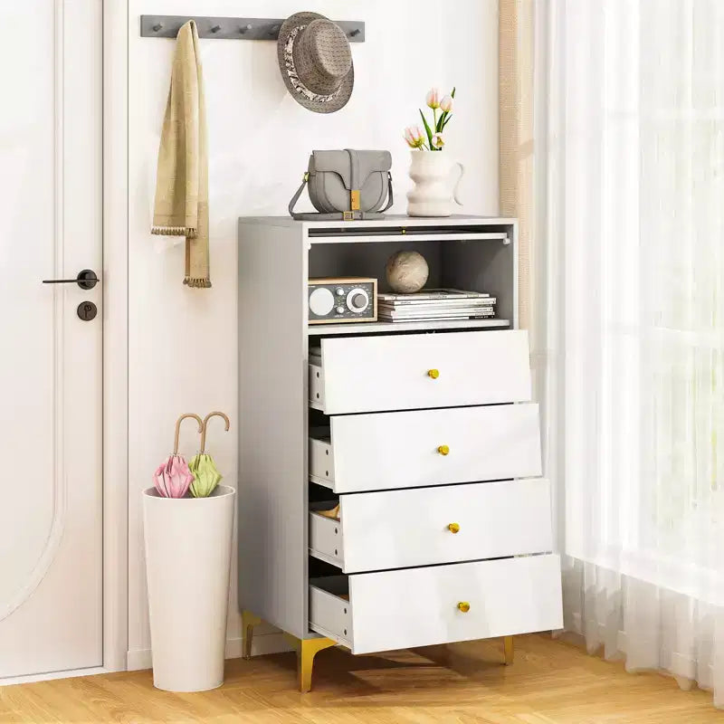 Cassettiera Costway a 2 Pezzi con 4 Cassetti, Comodino Verticale da 113 cm con Anta a Ribalta in Vetro Scanalato