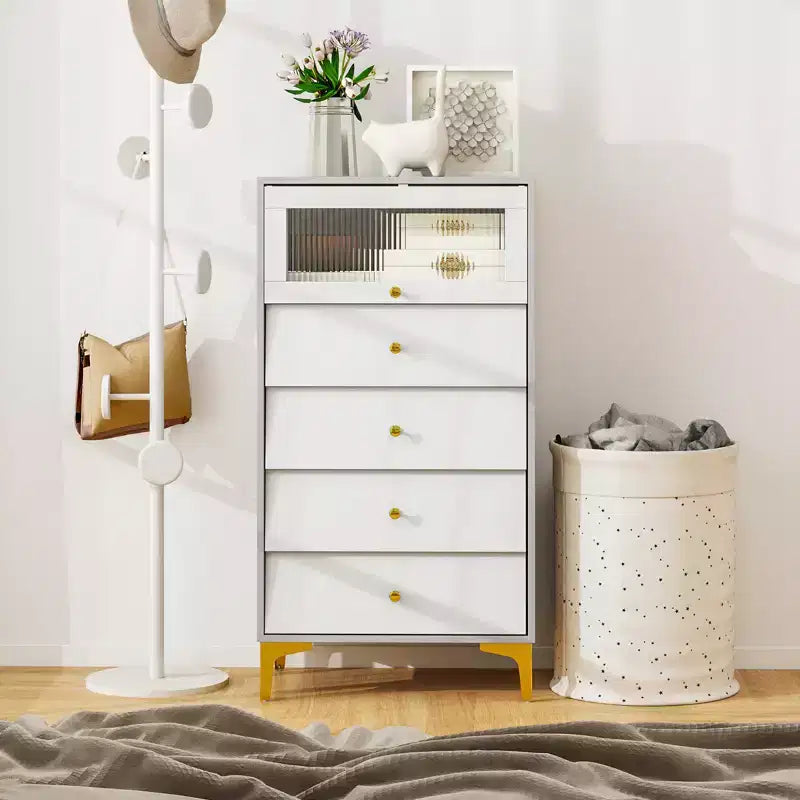 Cassettiera Costway a 2 Pezzi con 4 Cassetti, Comodino Verticale da 113 cm con Anta a Ribalta in Vetro Scanalato