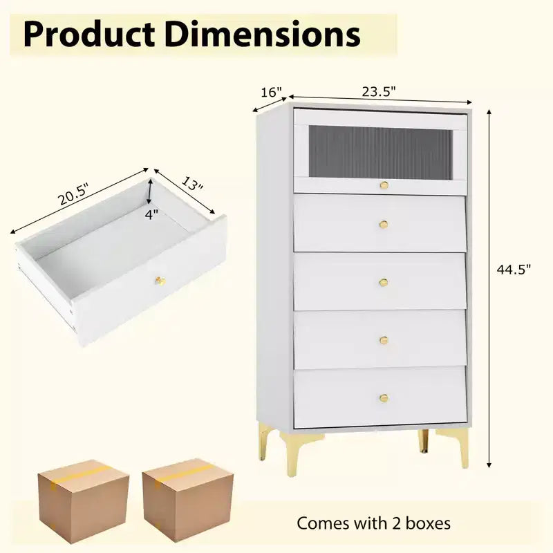 Cassettiera Costway a 2 Pezzi con 4 Cassetti, Comodino Verticale da 113 cm con Anta a Ribalta in Vetro Scanalato