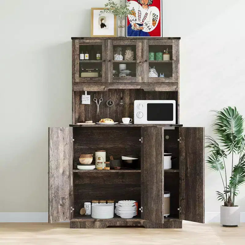 Dispensa da cucina autoportante con ante in acrilico, armadio da cucina alto 178 cm con mobiletto per microonde, credenza per caffè e dispensa alimentare