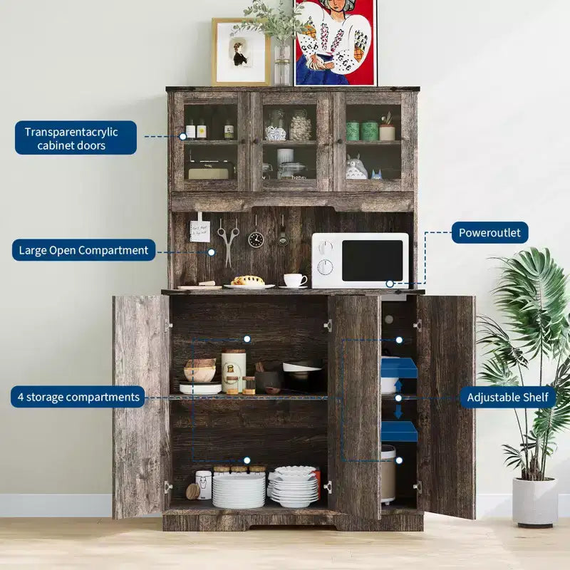 Dispensa da cucina autoportante con ante in acrilico, armadio da cucina alto 178 cm con mobiletto per microonde, credenza per caffè e dispensa alimentare