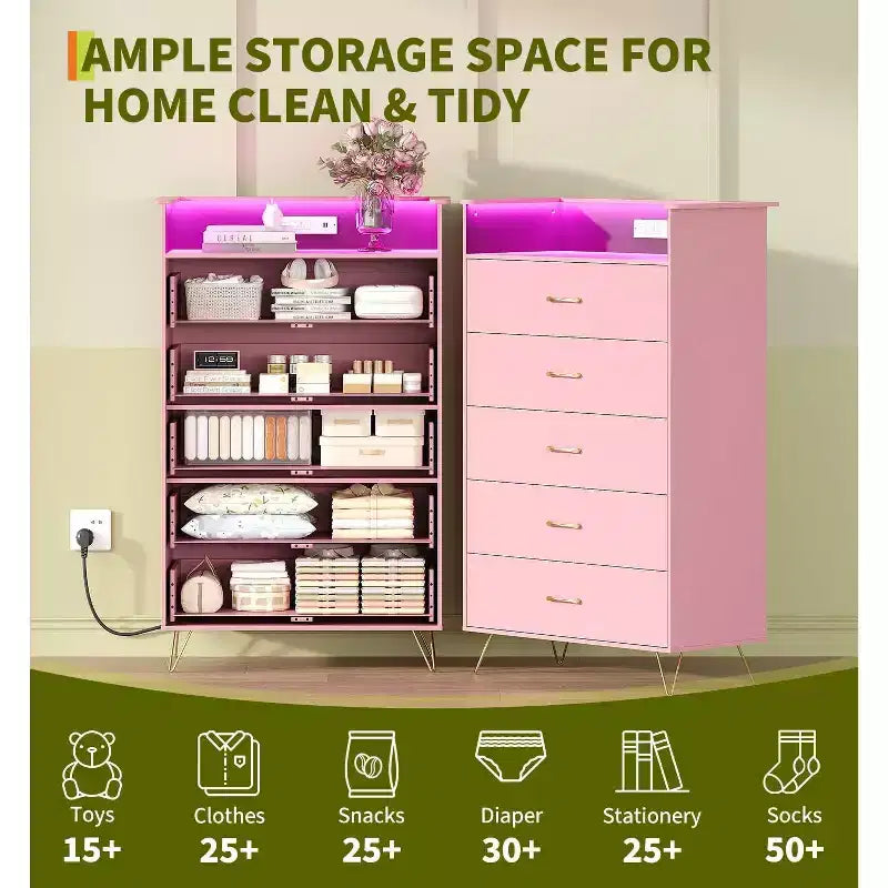 Comodino alto a 5 cassetti con guide a chiusura silenziosa, organizer contenitore resistente all'acqua per corridoio, armadio e camera da letto, armadietto dal design sottile salvaspazio