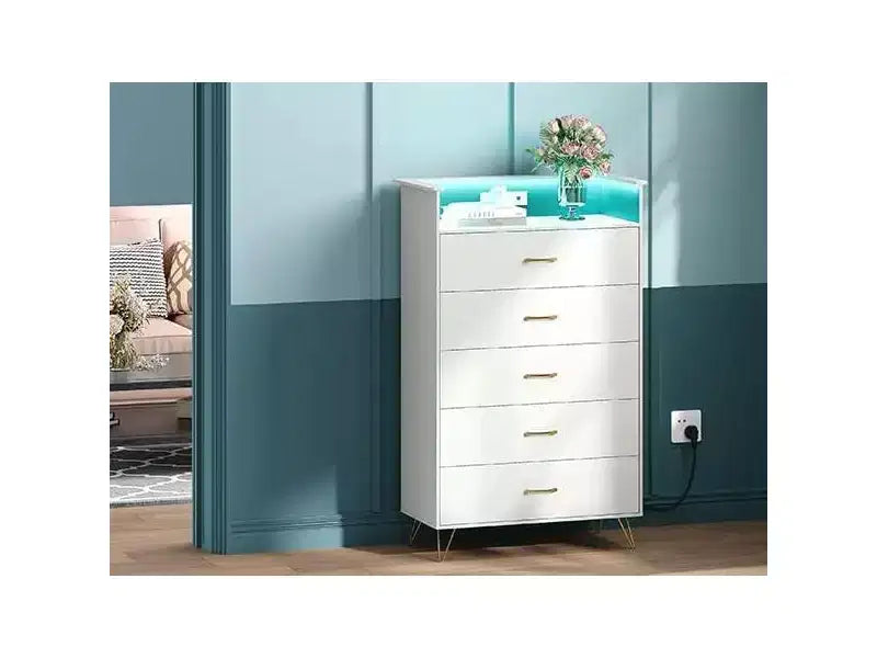 Comodino alto a 5 cassetti con guide a chiusura silenziosa, organizer contenitore resistente all'acqua per corridoio, armadio e camera da letto, armadietto dal design sottile salvaspazio