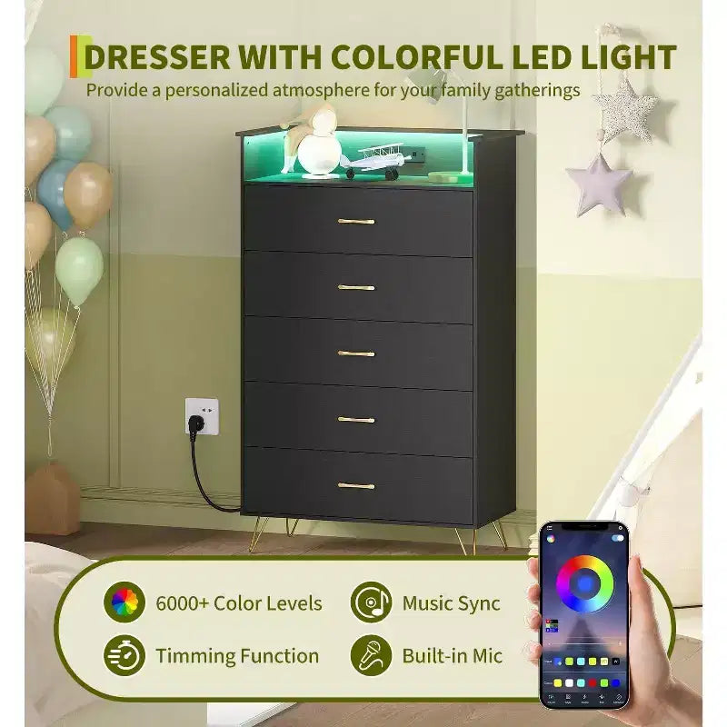 Comodino alto a 5 cassetti con guide a chiusura silenziosa, organizer contenitore resistente all'acqua per corridoio, armadio e camera da letto, armadietto dal design sottile salvaspazio