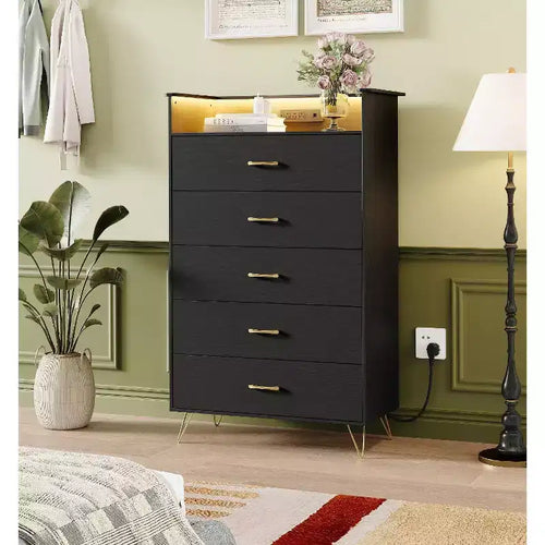 5-Drawer Tall Dresser with Silent Close Slides, Water Resistant Storage Organizer for Hallway Closet and Bedroom, Slim Design Space Saving Cabinet