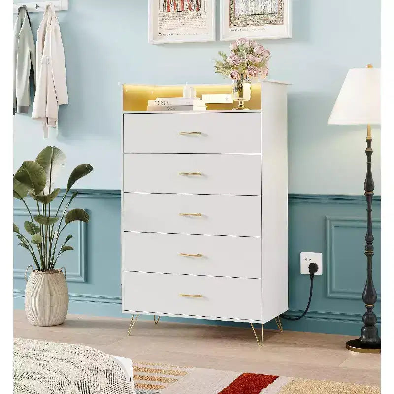 Comodino alto a 5 cassetti con guide a chiusura silenziosa, organizer contenitore resistente all'acqua per corridoio, armadio e camera da letto, armadietto dal design sottile salvaspazio