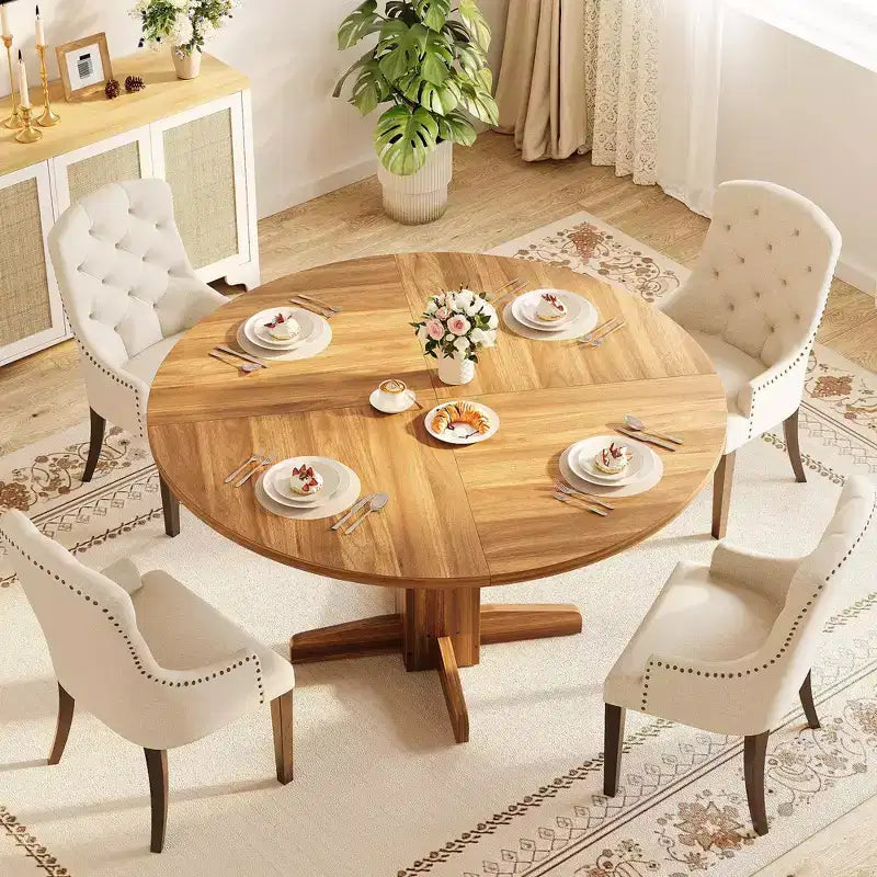 Tavolo da pranzo rotondo GustoWave da 47'' per 4-6 persone, tavolo da cucina rotondo stile rustico con base a piedistallo incrociato - Cucina, Sala da pranzo, Appartamento