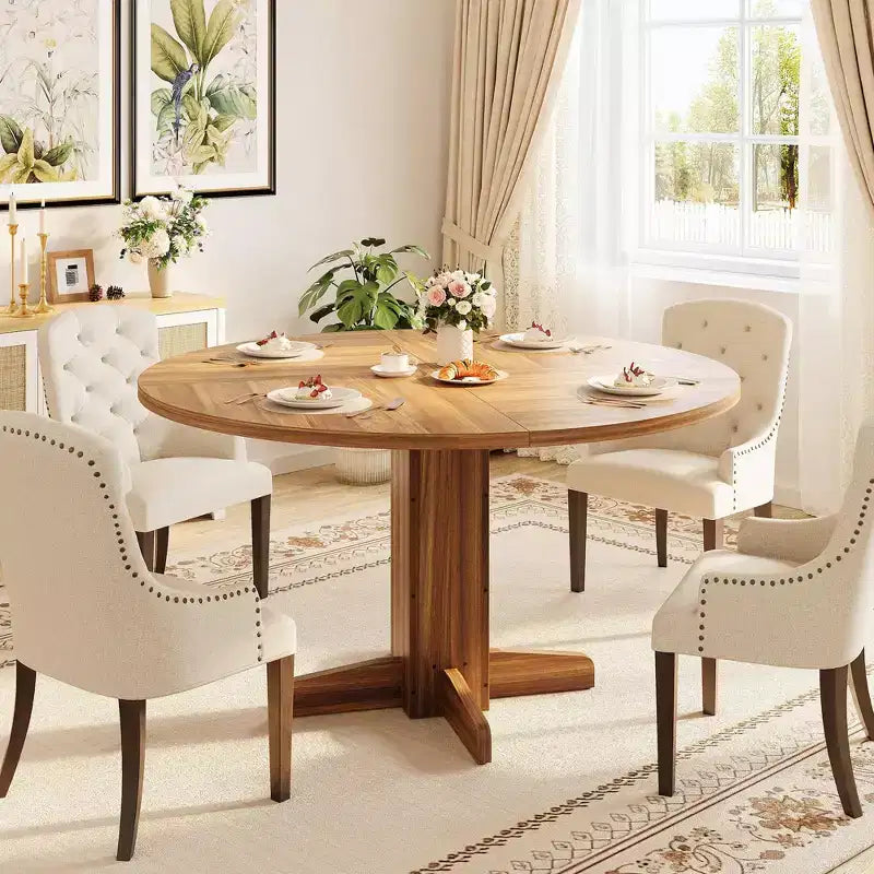 Tavolo da pranzo rotondo GustoWave da 47'' per 4-6 persone, tavolo da cucina rotondo stile rustico con base a piedistallo incrociato - Cucina, Sala da pranzo, Appartamento