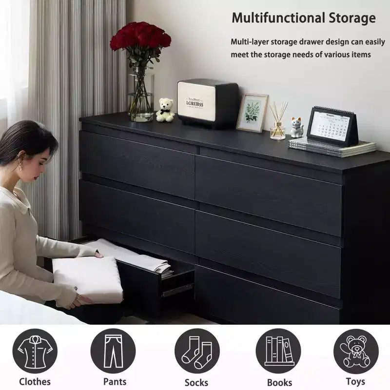 Cassettiera Nera JVNOXK6, Cassettiera Moderna per Camera da Letto con Piano d'Appoggio Spazioso, Armadietto in Legno con Maniglie Nascoste