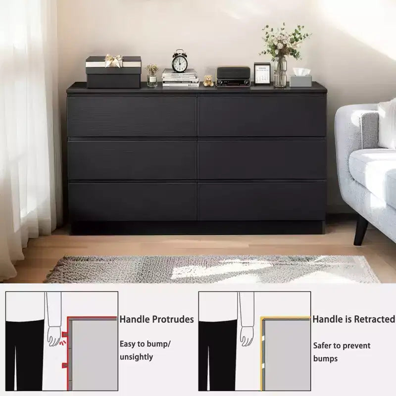 Cassettiera Nera JVNOXK6, Cassettiera Moderna per Camera da Letto con Piano d'Appoggio Spazioso, Armadietto in Legno con Maniglie Nascoste