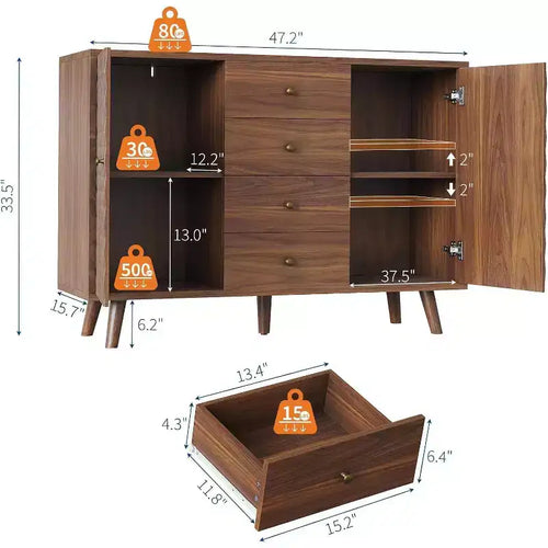 Mobile credenza a buffet da fattoria da 47,2 pollici con 4 cassetti e 2 ante, armadietto grande per cucina, sala da pranzo e soggiorno