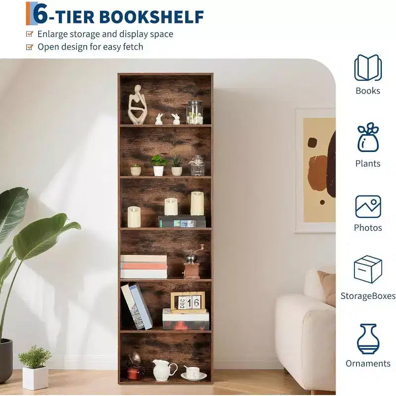Libreria aperta a 6 livelli, Scaffali per libri rustici in stile colonico, Ampia organizzazione per lo stoccaggio, Organizza l'ufficio, Costruzione durevole e resistente, Facile montaggio