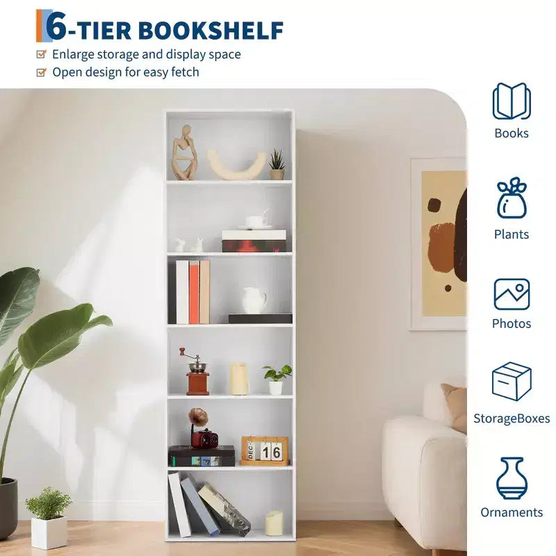 Libreria aperta a 6 livelli, Scaffali per libri rustici in stile colonico, Ampia organizzazione per lo stoccaggio, Organizza l'ufficio, Costruzione durevole e resistente, Facile montaggio