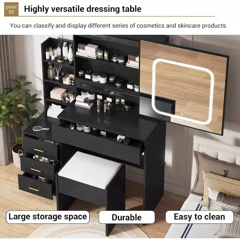 Acekool Tavolo da trucco nero con specchio scorrevole, illuminazione regolabile, presa di corrente e cassetti per la camera da letto