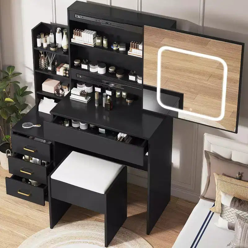 Acekool Tavolo da trucco nero con specchio scorrevole, illuminazione regolabile, presa di corrente e cassetti per la camera da letto