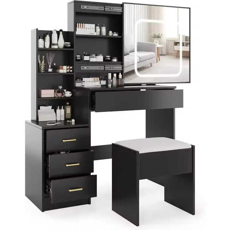 Acekool Tavolo da trucco nero con specchio scorrevole, illuminazione regolabile, presa di corrente e cassetti per la camera da letto