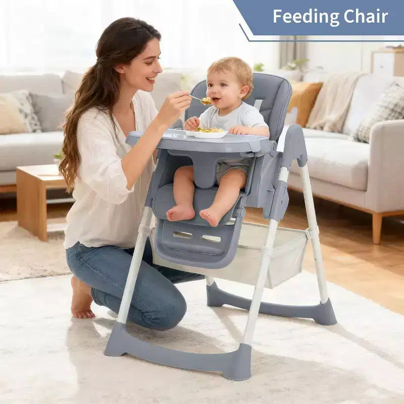 Seggiolone Pieghevole per Neonati e Bambini, Schienale/Poggiapiedi/Altezza Regolabili con Vassoio Rimovibile, Imbracatura a 5 Punti e Ruote