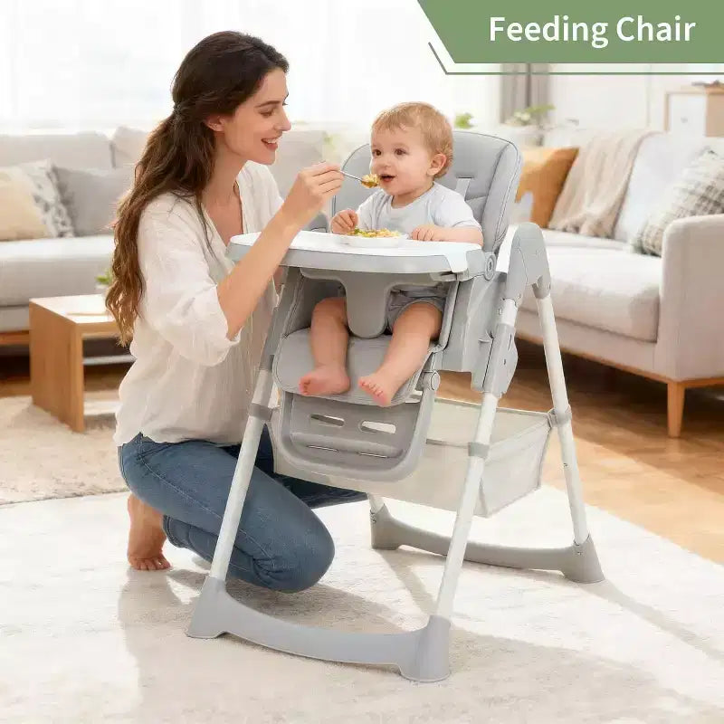 Seggiolone Pieghevole per Neonati e Bambini, Schienale/Poggiapiedi/Altezza Regolabili con Vassoio Rimovibile, Imbracatura a 5 Punti e Ruote