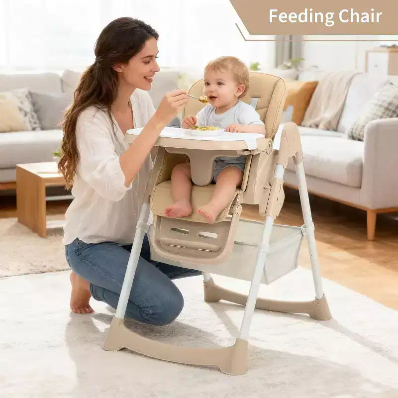 Seggiolone Pieghevole per Neonati e Bambini, Schienale/Poggiapiedi/Altezza Regolabili con Vassoio Rimovibile, Imbracatura a 5 Punti e Ruote