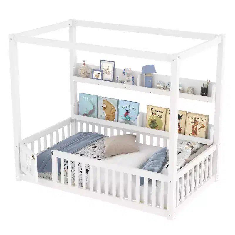 Letto Zeus & Ruta in Legno Massello con Baldacchino, Sponde di Protezione e Scaffali per Bambini - Nessuna Rete a Molle Necessaria