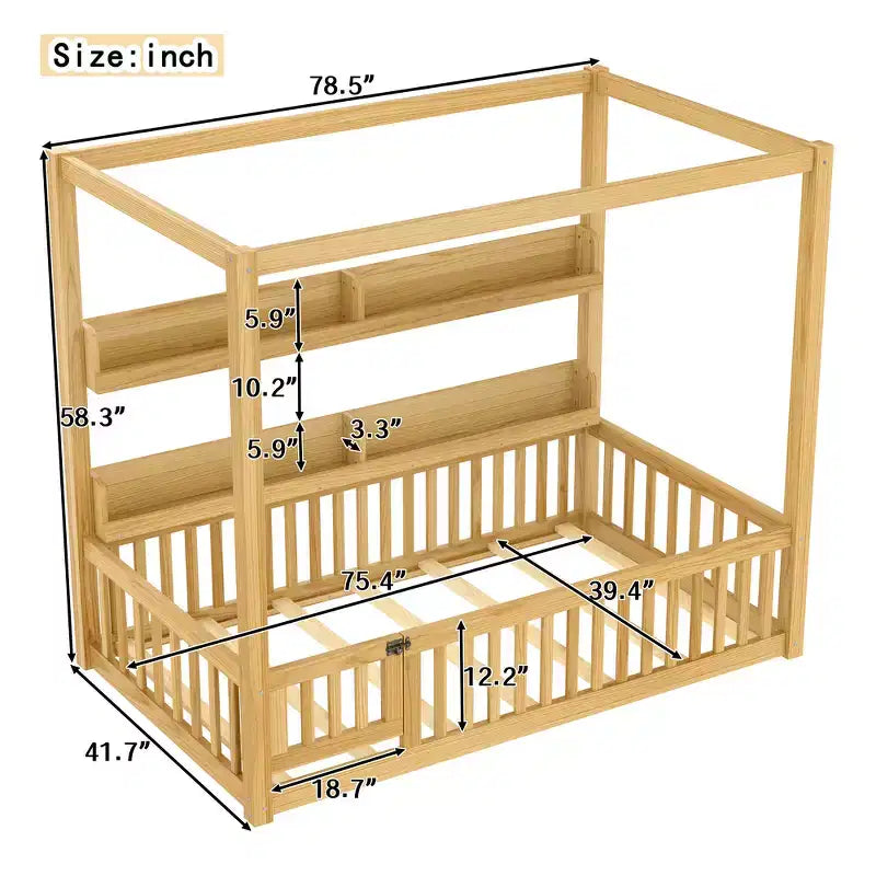 Letto Zeus & Ruta in Legno Massello con Baldacchino, Sponde di Protezione e Scaffali per Bambini - Nessuna Rete a Molle Necessaria