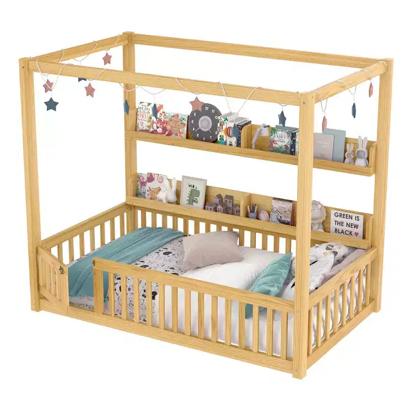 Letto Zeus & Ruta in Legno Massello con Baldacchino, Sponde di Protezione e Scaffali per Bambini - Nessuna Rete a Molle Necessaria