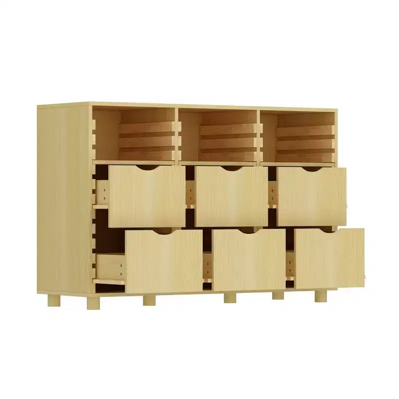 Hitow Mobile Contenitore a Buffet da Fattoria Regolabile con 6 Cassetti, Credenza con Listelli in Legno Massello per Cucina e Sala da Pranzo, Soluzione di Archiviazione per Dispensa