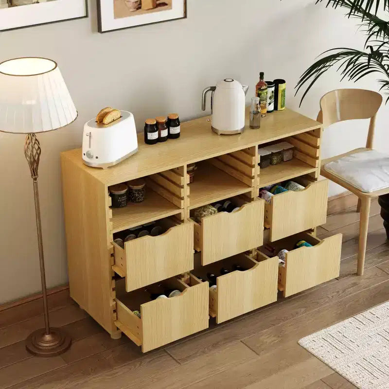 Hitow Mobile Contenitore a Buffet da Fattoria Regolabile con 6 Cassetti, Credenza con Listelli in Legno Massello per Cucina e Sala da Pranzo, Soluzione di Archiviazione per Dispensa