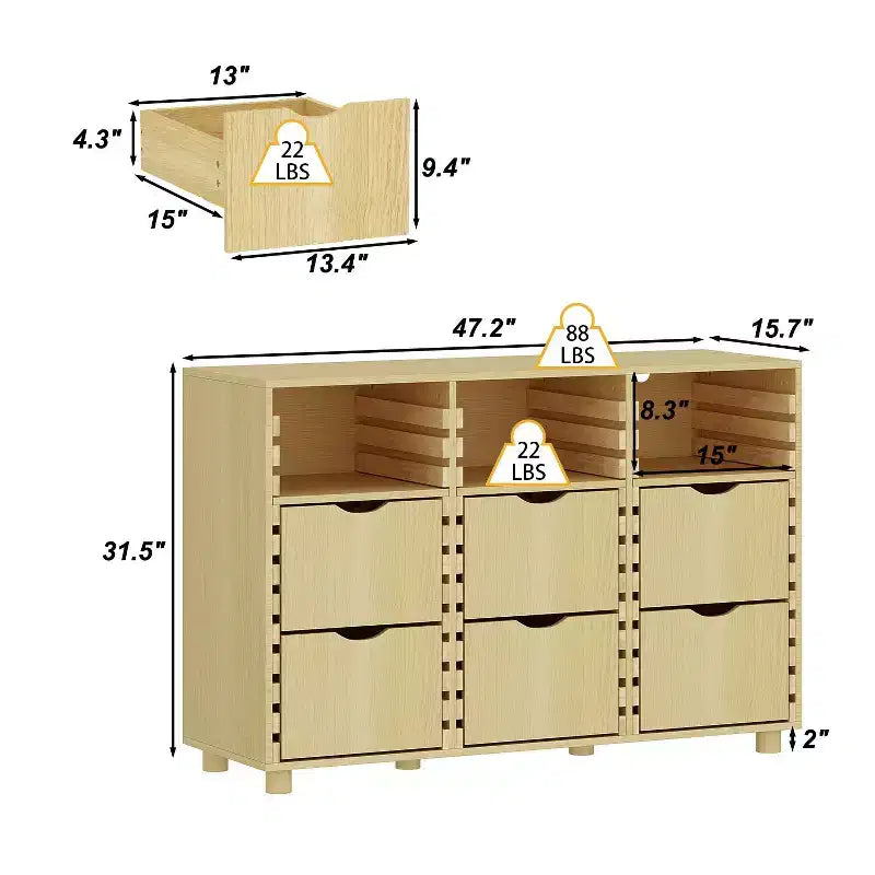 Hitow Mobile Contenitore a Buffet da Fattoria Regolabile con 6 Cassetti, Credenza con Listelli in Legno Massello per Cucina e Sala da Pranzo, Soluzione di Archiviazione per Dispensa