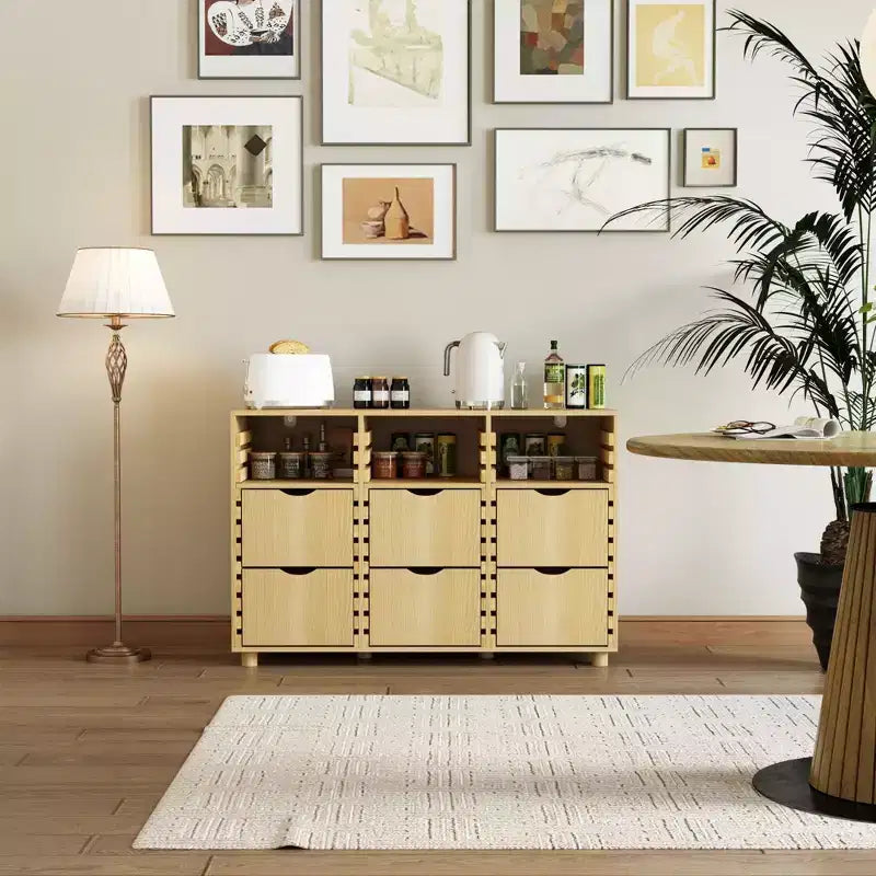 Hitow Mobile Contenitore a Buffet da Fattoria Regolabile con 6 Cassetti, Credenza con Listelli in Legno Massello per Cucina e Sala da Pranzo, Soluzione di Archiviazione per Dispensa