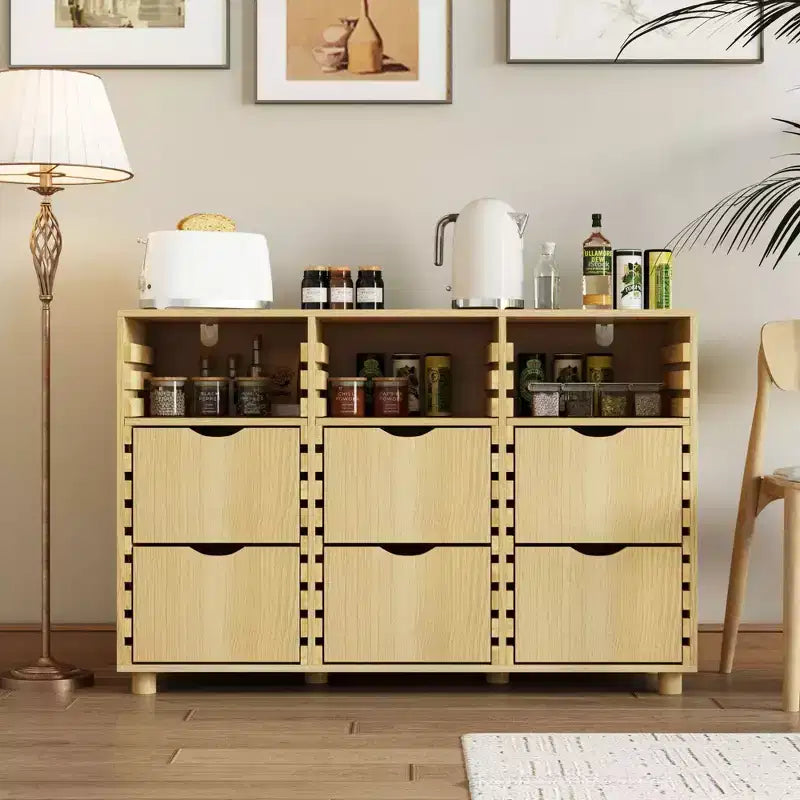 Hitow Mobile Contenitore a Buffet da Fattoria Regolabile con 6 Cassetti, Credenza con Listelli in Legno Massello per Cucina e Sala da Pranzo, Soluzione di Archiviazione per Dispensa