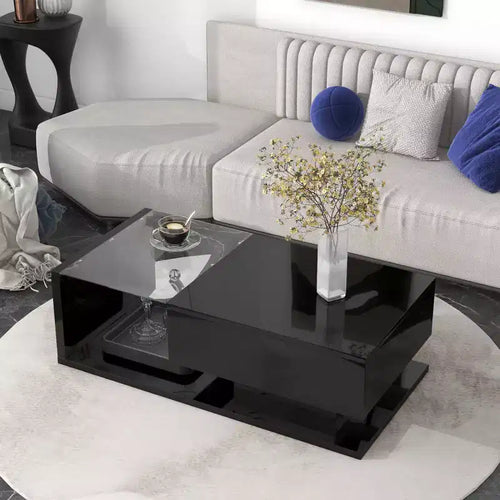 39.3 Tavolino da caffè con cassetto, vetro temperato, superficie UV lucida, tavolino da cocktail quadrato in legno, tavolino ausiliario per la casa