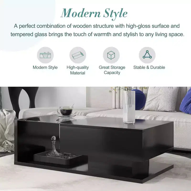 39.3 Tavolino da caffè con cassetto, vetro temperato, superficie UV lucida, tavolino da cocktail quadrato in legno, tavolino ausiliario per la casa