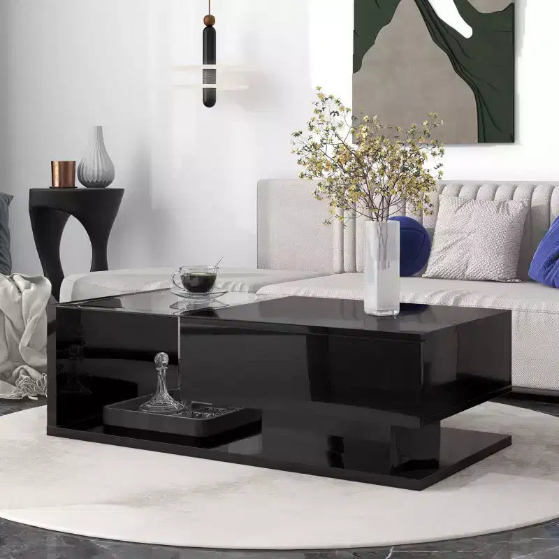 39.3 Coffee Table With Drawer, Tempered Glass, High-Gloss UV Surface Square Wooden Cocktail Table, Household Side End Table