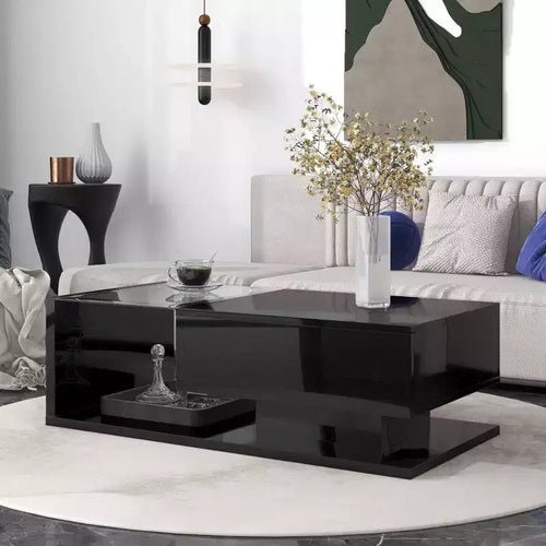 39.3 Coffee Table With Drawer, Tempered Glass, High-Gloss UV Surface Square Wooden Cocktail Table, Household Side End Table