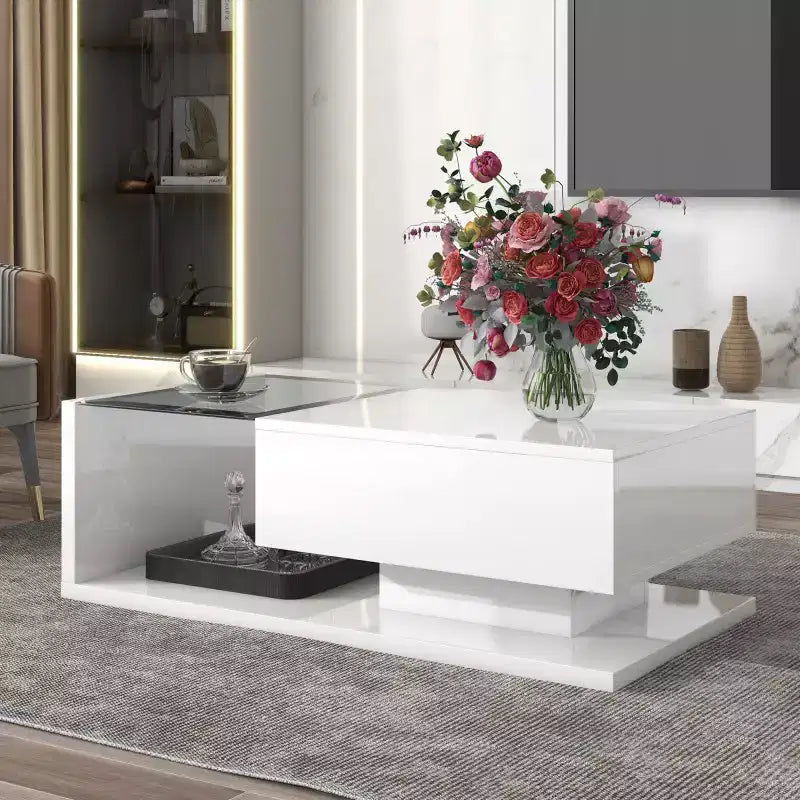 39.3 Tavolino da caffè con cassetto, vetro temperato, superficie UV lucida, tavolino da cocktail quadrato in legno, tavolino ausiliario per la casa