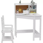 Kids Desk and Chair Set, Wooden Corner Study Table with Bookshelf, Bulletin Board, and Pen Holder, Writing Table for Boys and Girls
