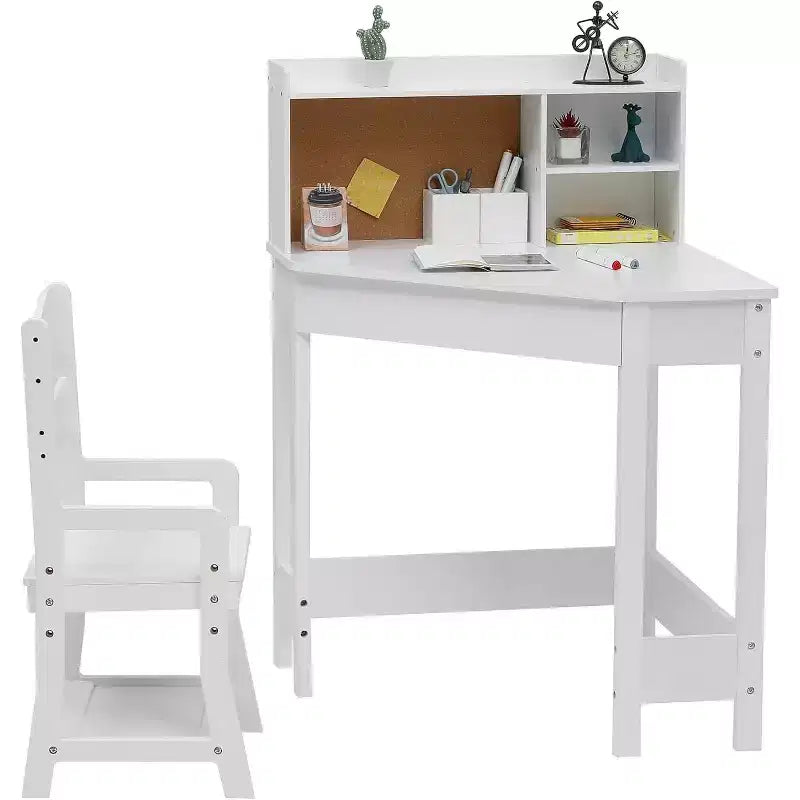 Kids Desk and Chair Set, Wooden Corner Study Table with Bookshelf, Bulletin Board, and Pen Holder, Writing Table for Boys and Girls