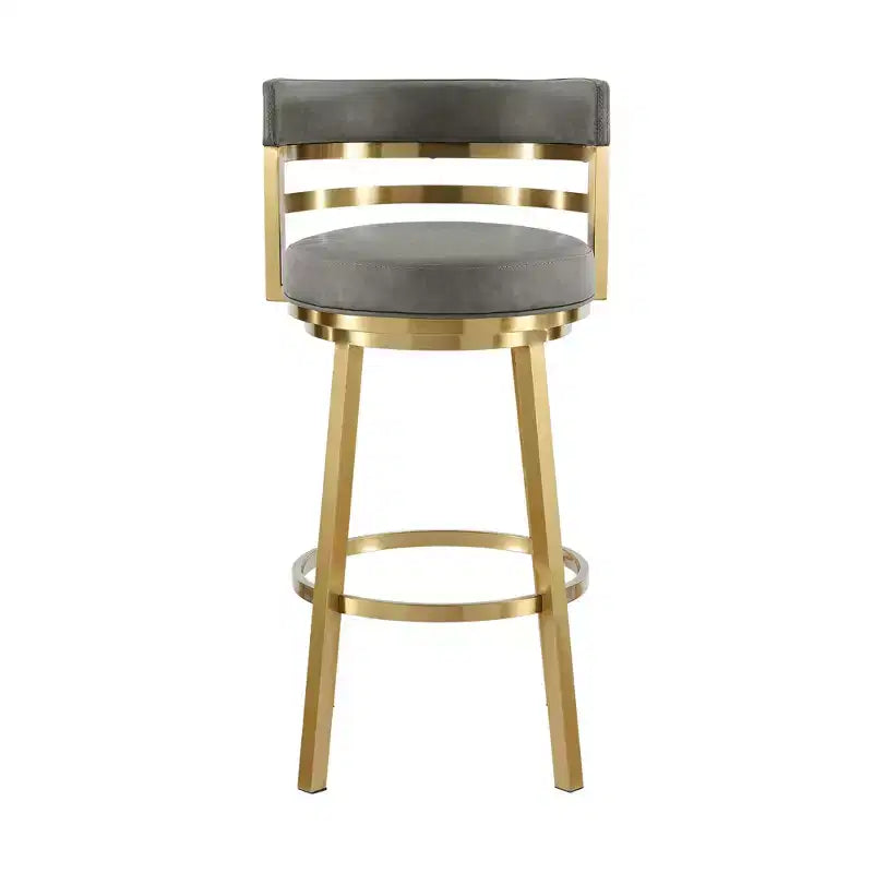 HomeRoots 26 Gray and Gold Faux Leather and Stainless Steel Low Back Counter Height Swivel Bar Chair
